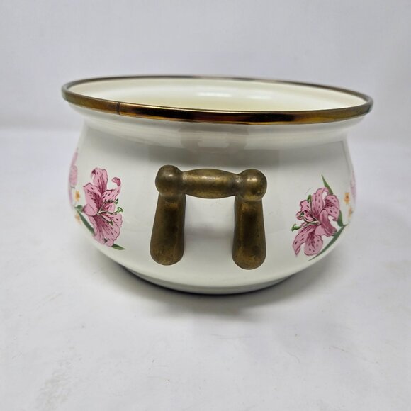 Normandy Taiwan Vintage Lily Floral Enamelware Soup Tureen Pot With Lid & Brass - Picture 5 of 10